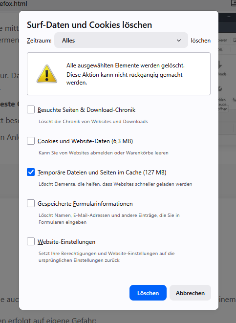 Surf Daten und Cookies löschen, Alles ausgewählt